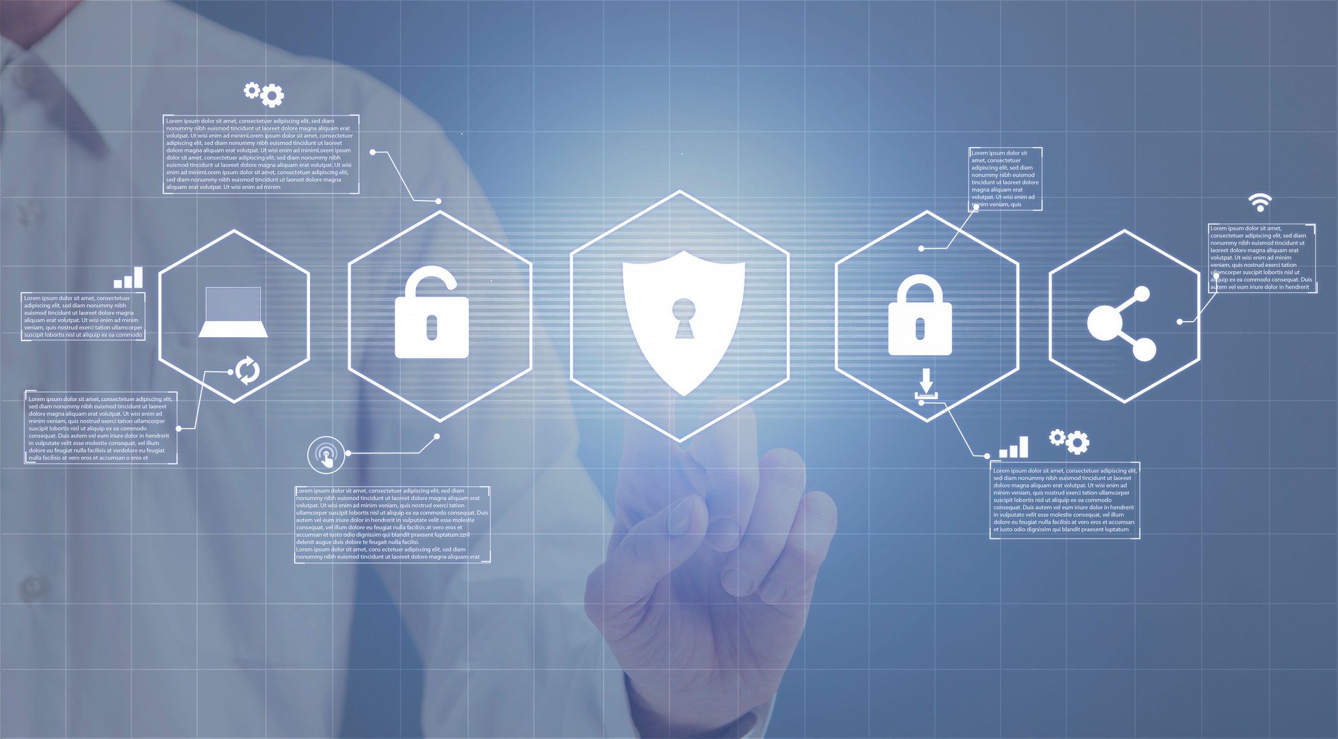 Concepto de protección de datos. El hombre hace clic en el icono de la cerradura
