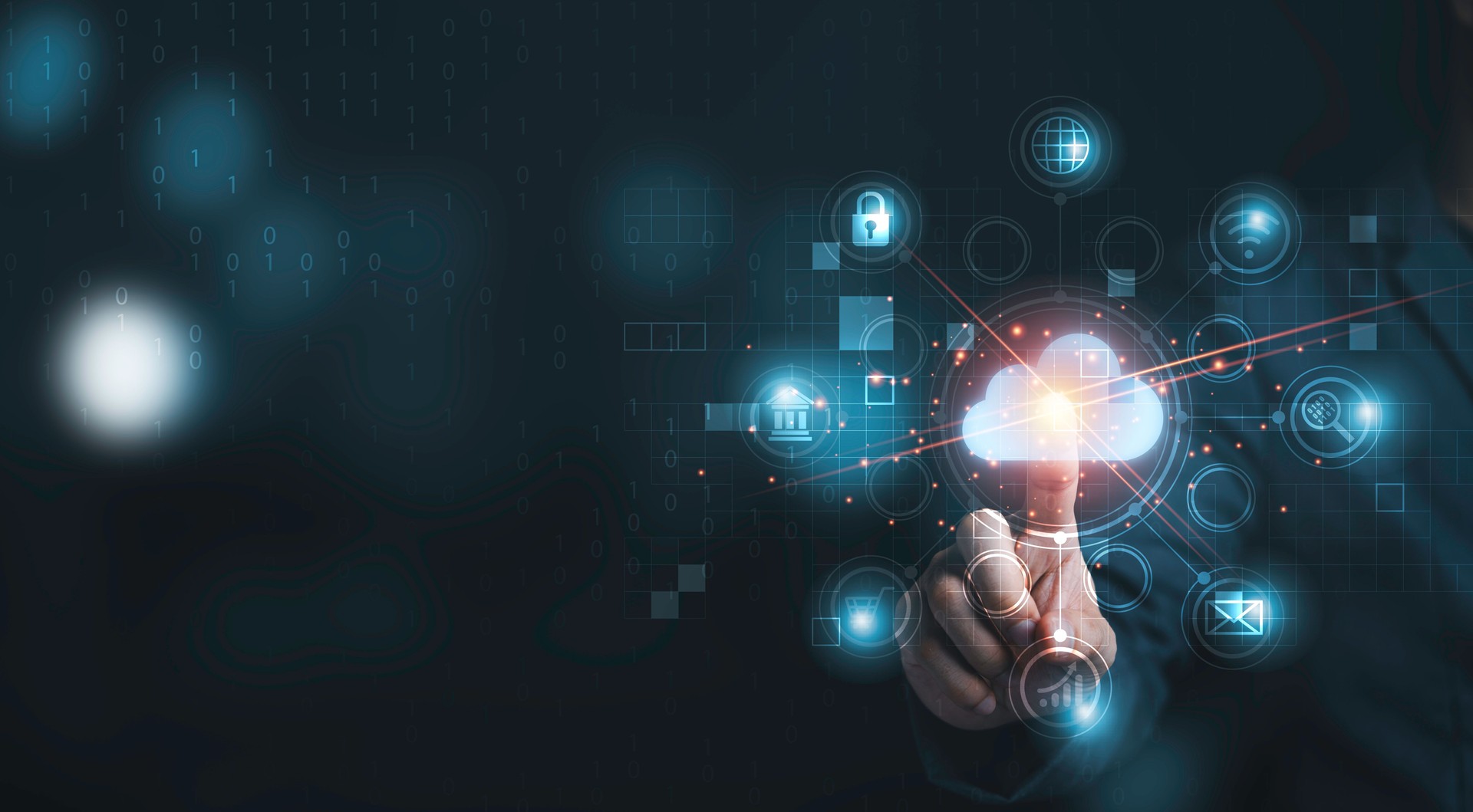 La infografía que toca a mano la computación en la nube y los iconos de la tecnología, la tecnología en la nube se centraliza para recopilar el estilo de vida y la información confidencial, como la banca por Internet, las contraseñas y las compras.